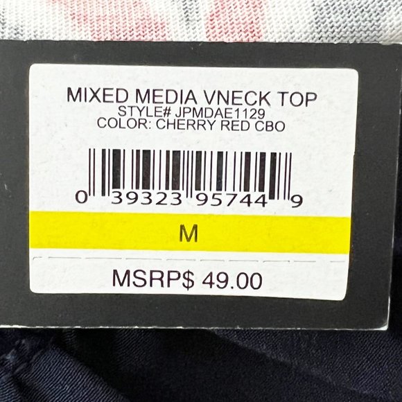 Jones New York Blouse Women Medium Cherry Red Combo Mixed Media V-Neck Top NWT - Picture 6 of 10